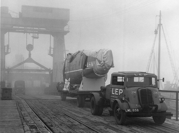 G-AHMH Merganser towed by Fordson 7V